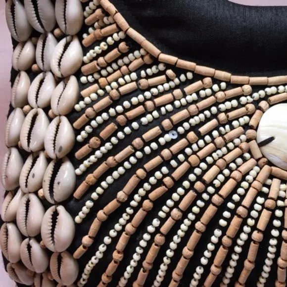 LIKE NEW Silk Purse Black w/Beads, Cowrie Shells Wooden Handle Handbag 11.5"x 8" - Picture 8 of 8